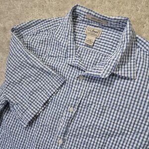 LL Bean Seersucker Shirt Mens Large Blue Gingham Button Up Camp Coastal Beach